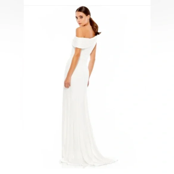 IEENA MAC DUGGAL 26517 White Foldover Asymmetric Ruched High Slit Jersey Gown 8 - Picture 2 of 7